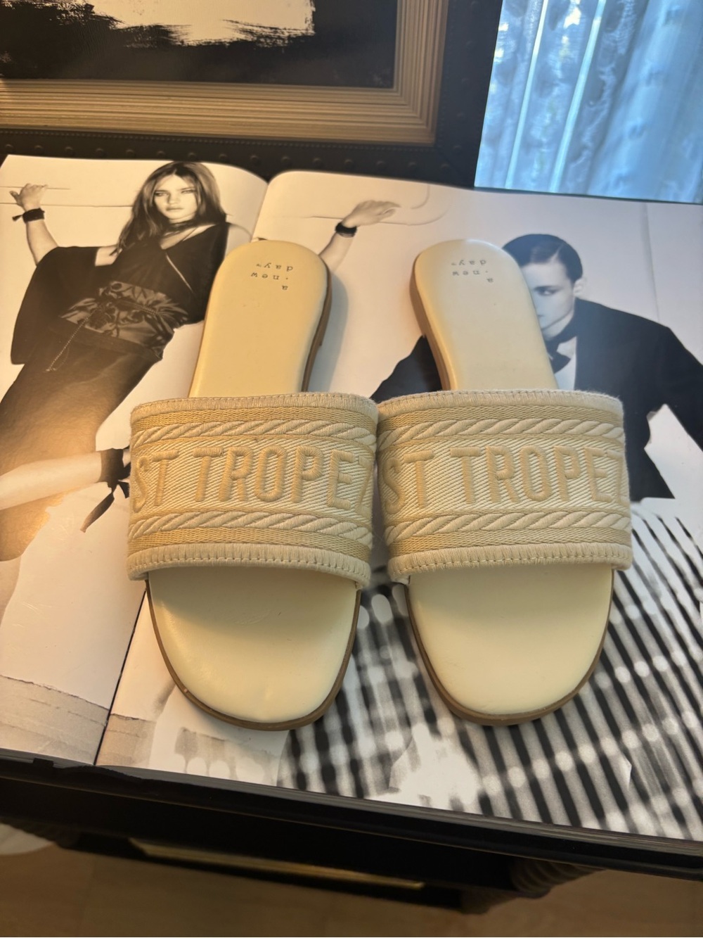 a new day Cream Embroidered St. Tropez Slide Sandals